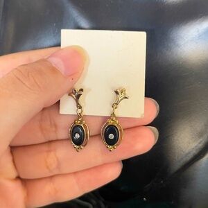 Gold tone cz black enamel dangle earrings